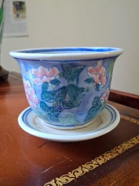 Tiny Floral Ceramic Planter with Tray